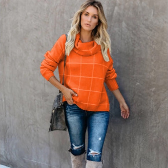 HOST PICK Orange Grid Pattern Turtleneck Sweater - Picture 8 of 9